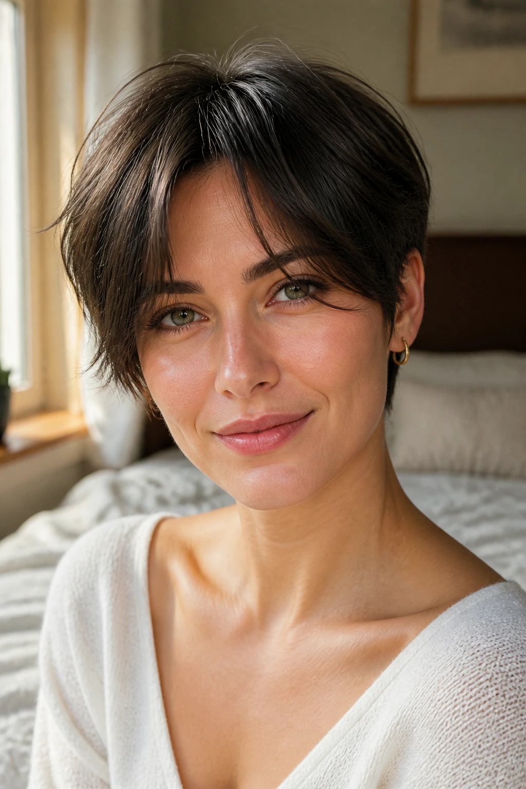 Close-up portrait of a real person with curtain bangs on a pixie cut