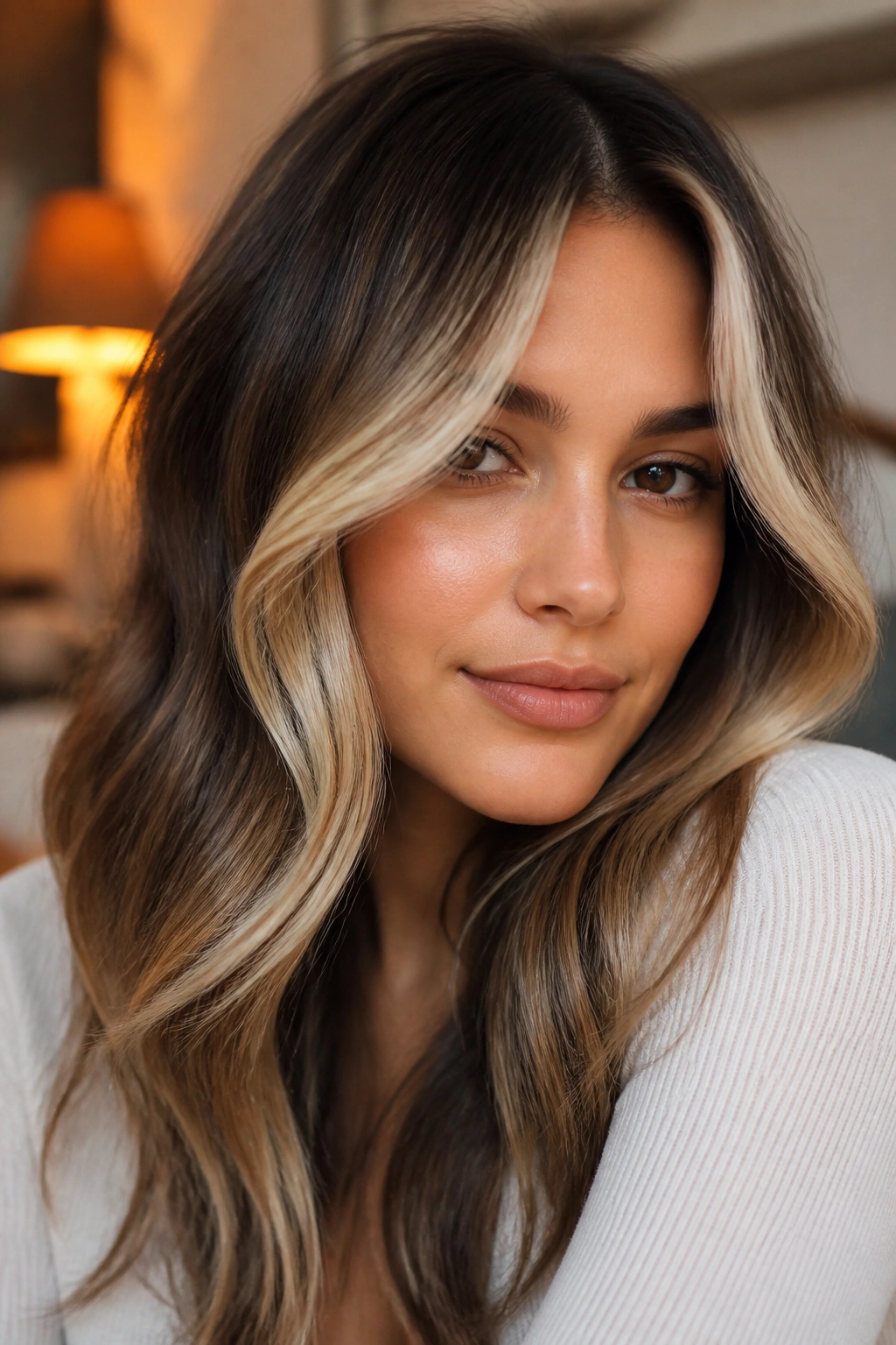 Close-up of a woman with curtain bangs featuring platinum accents