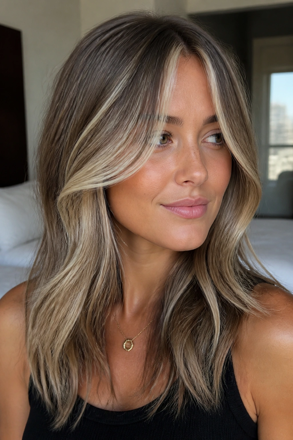 Close-up of a real woman with curtain bangs featuring platinum highlights framing the face