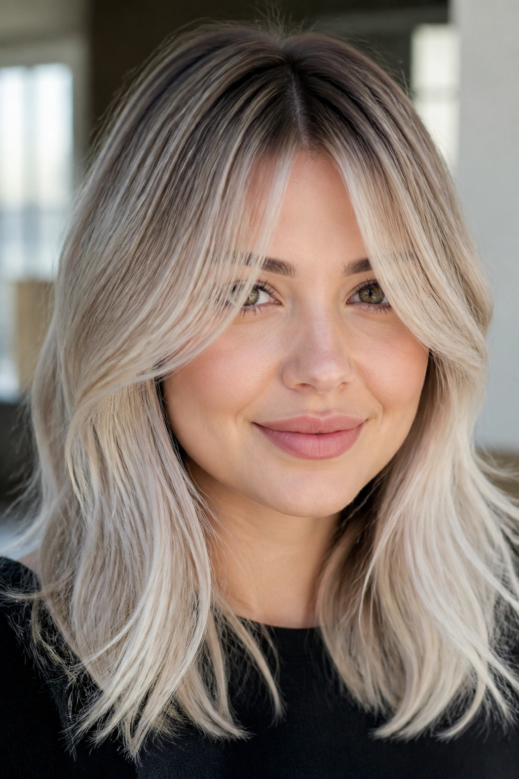 Real person with curtain bangs and platinum ombre
