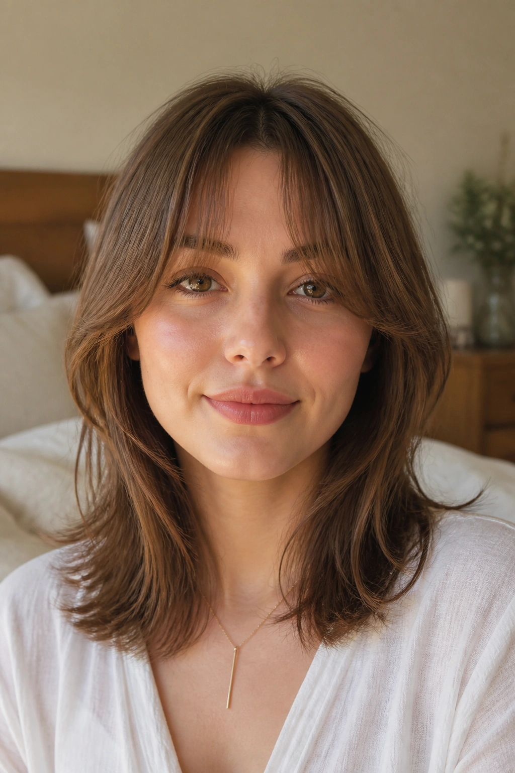 Close-up of a real woman with soft center-short curtain bangs framed at the brow and cheeks, natural light.