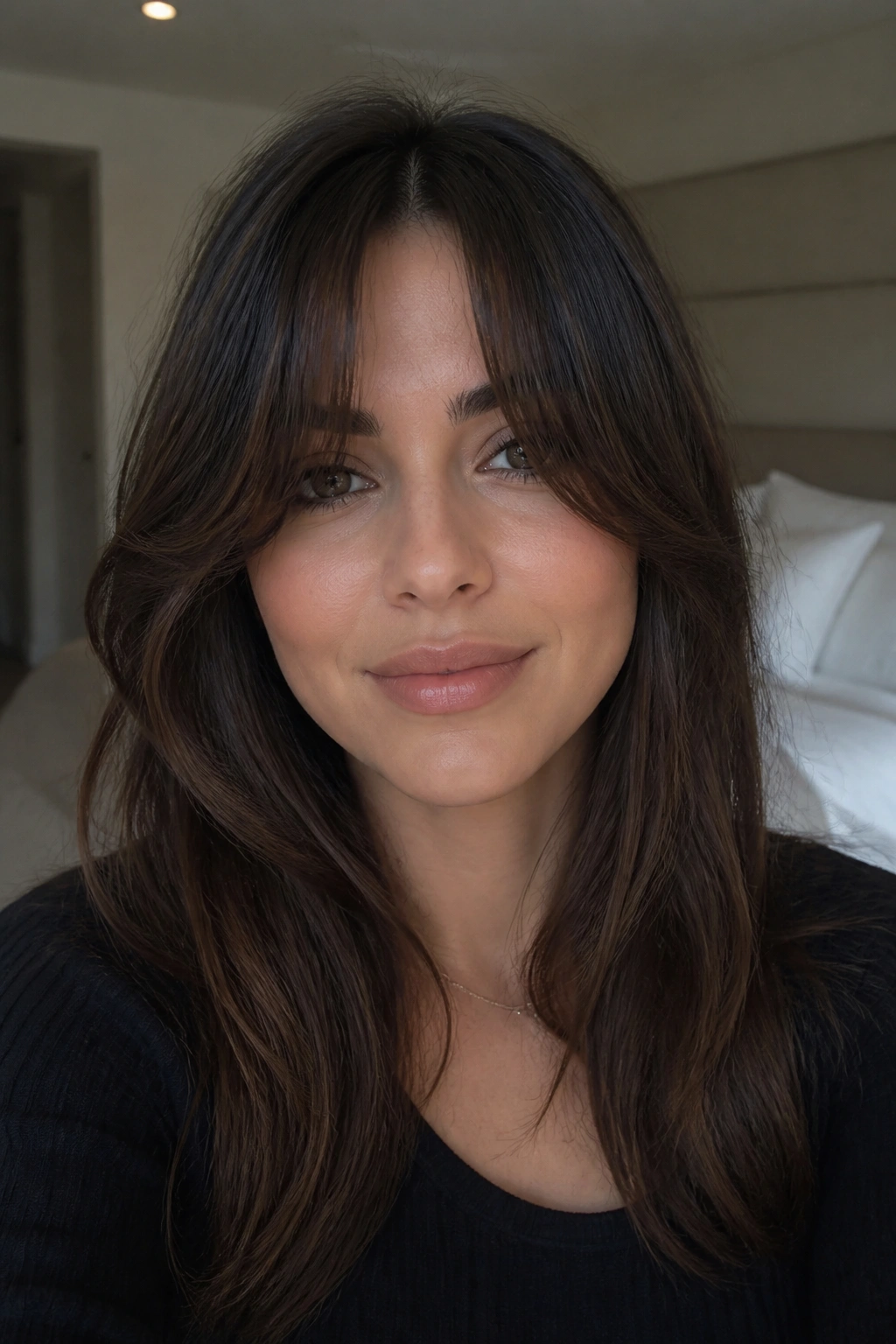 Close-up of a real woman with feathered curtain bangs split off-center