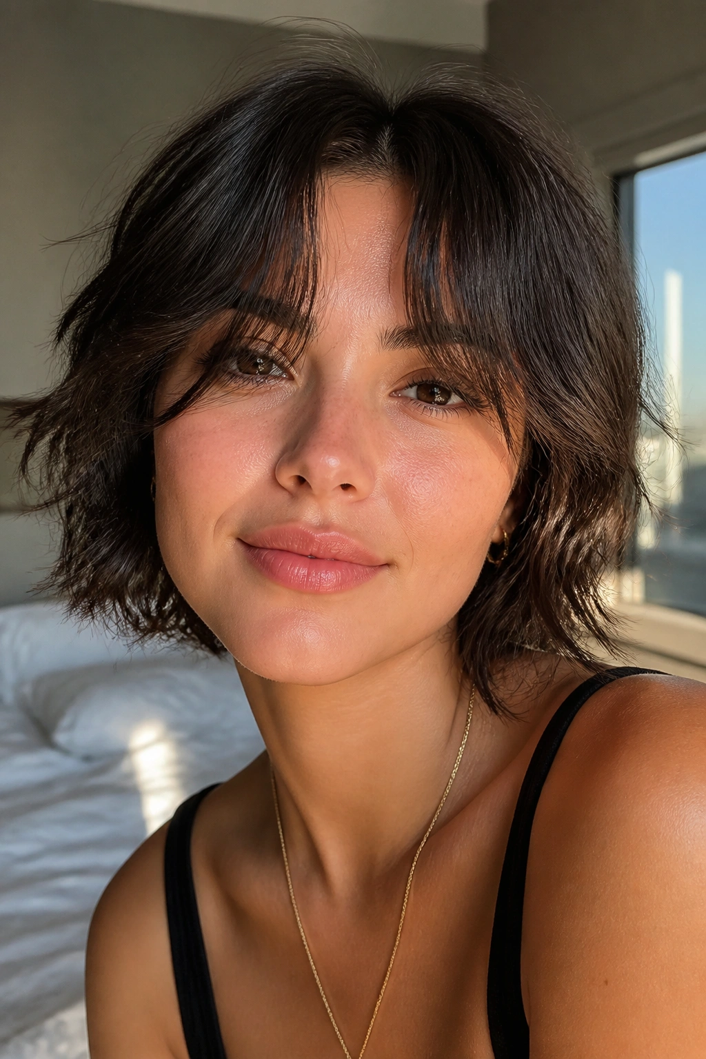 Close-up portrait of a person with short curtain bangs in a sunlit bedroom
