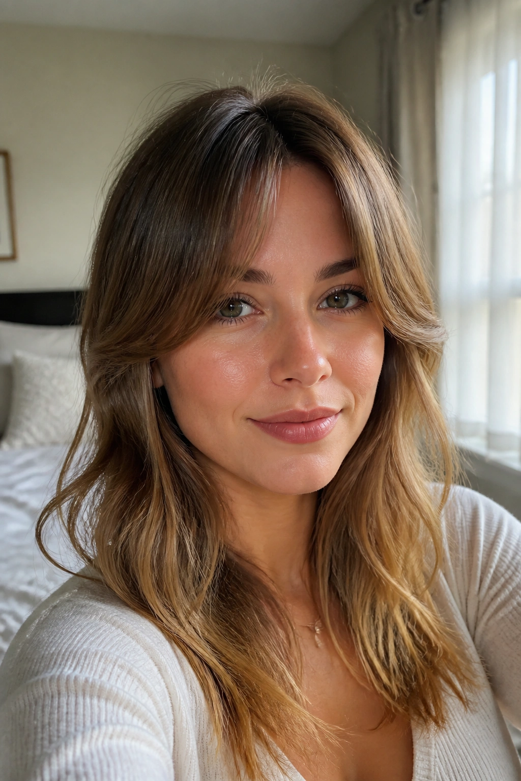 Close-up portrait of a real woman with curtain bangs framing her face in natural window light