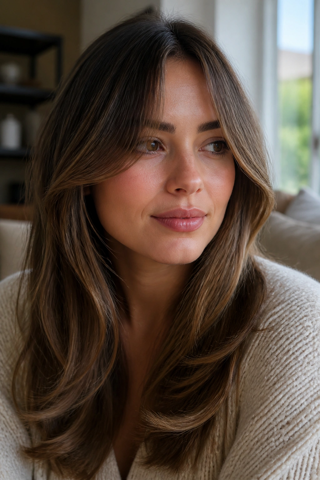 Close-up portrait of a real woman with curtain bangs and soft face-framing in natural light