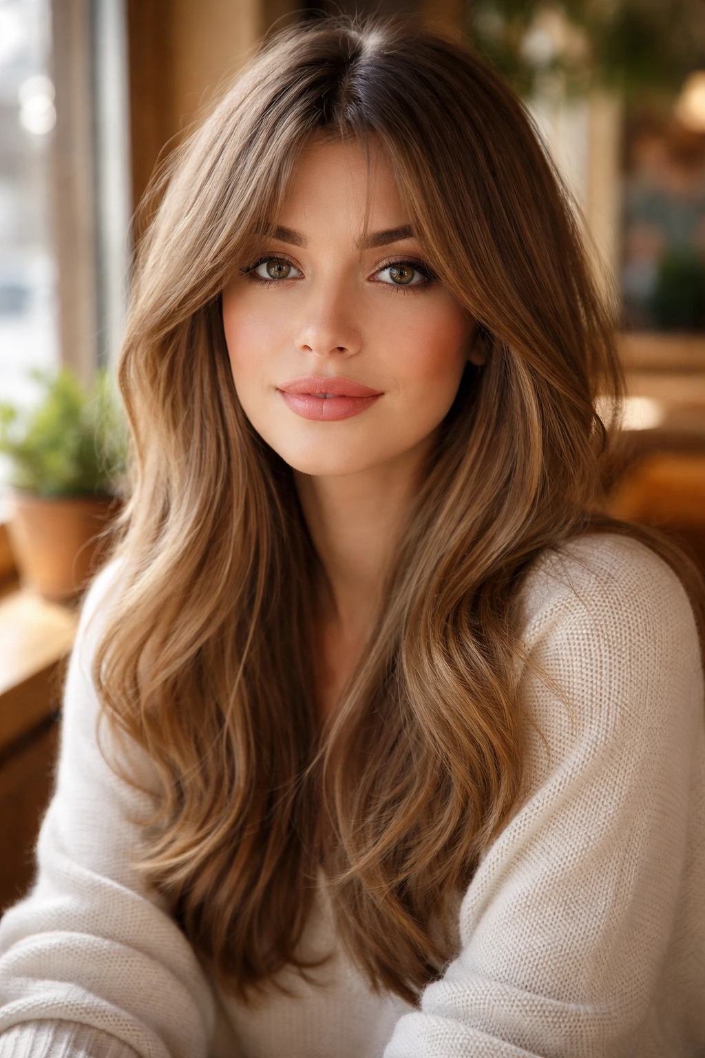 Portrait of a real woman with curtain bangs framing her face