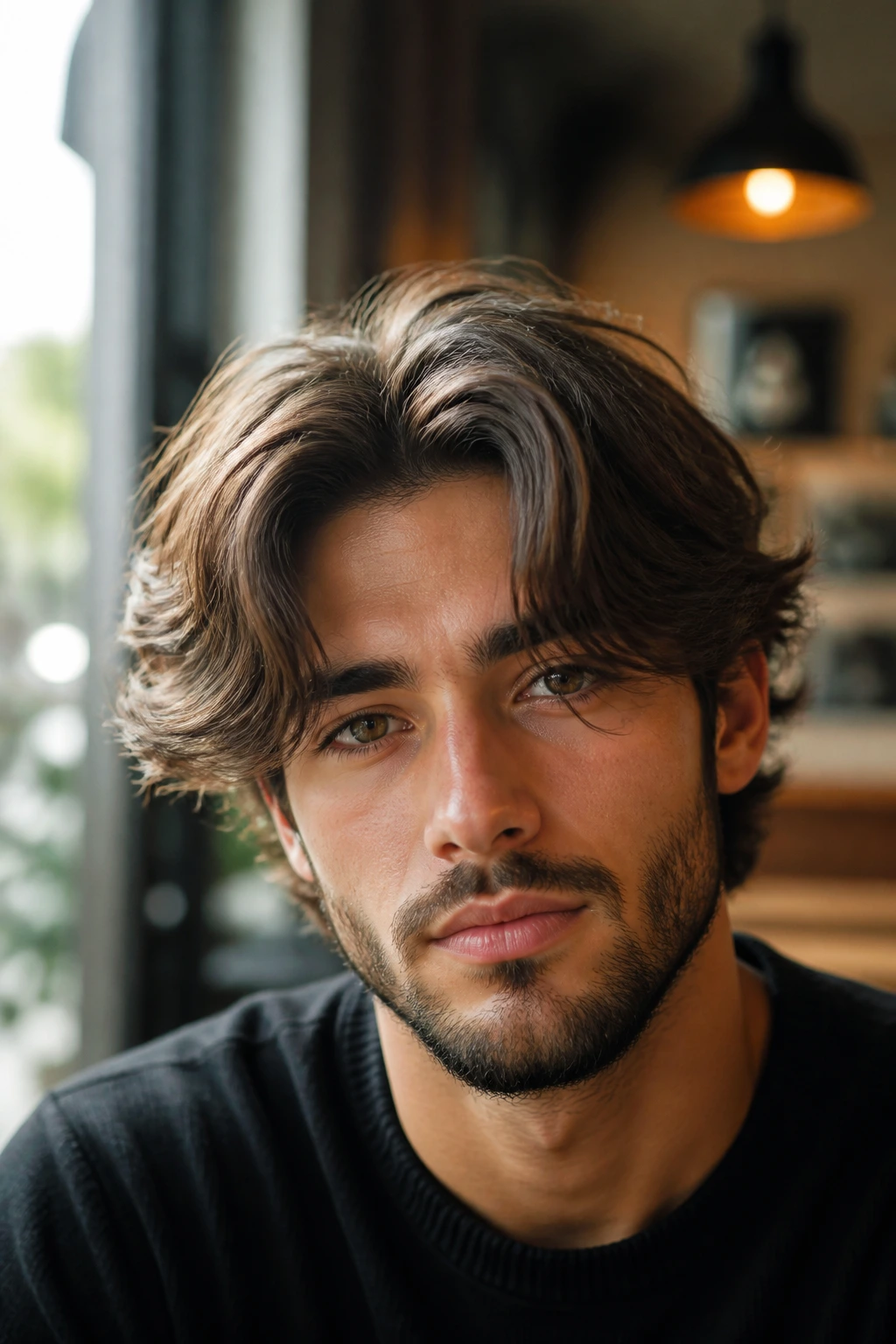 Real man with curtain bangs parted in the center, indoor window light