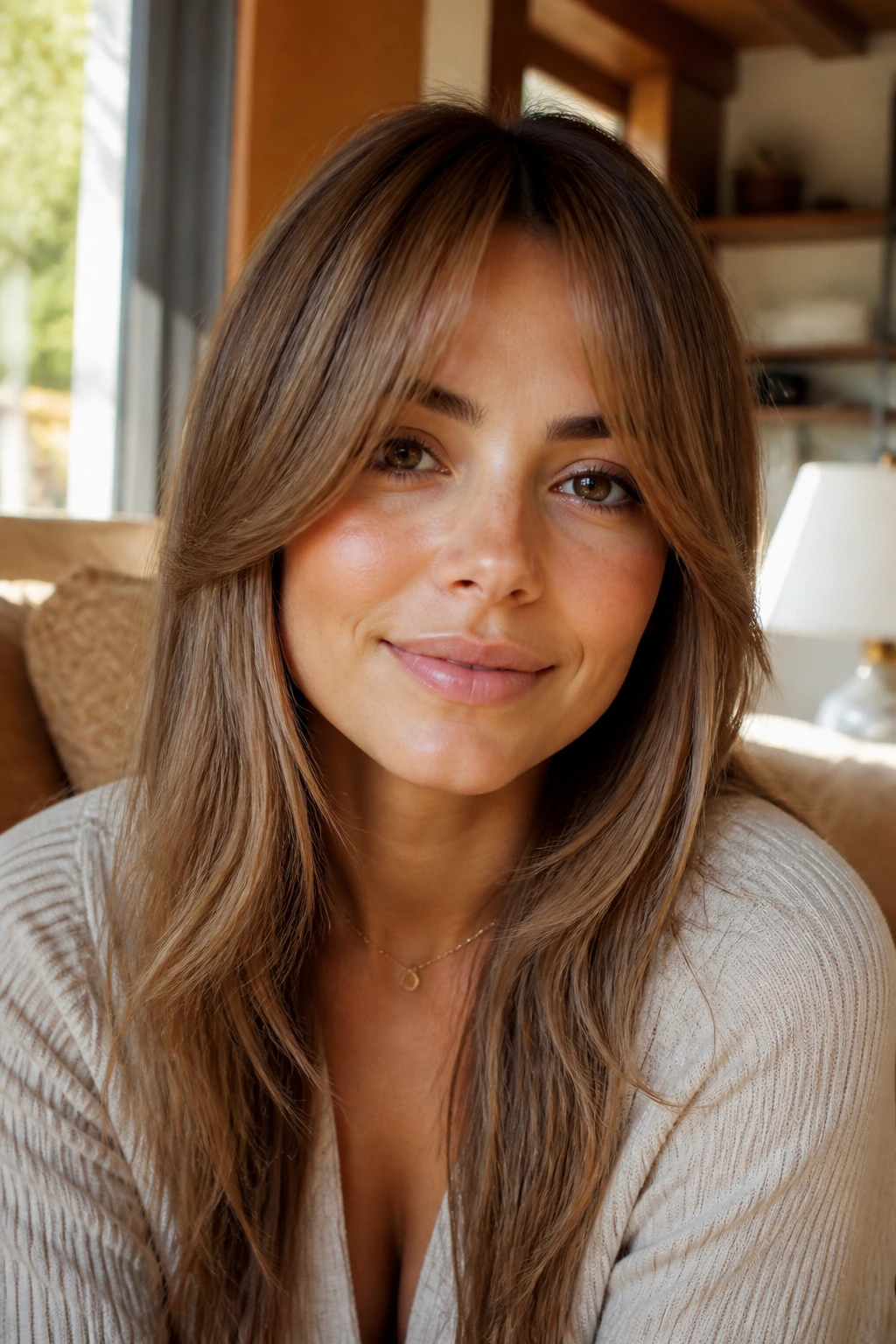 Close-up portrait of a real woman with classic curtain bangs and center part