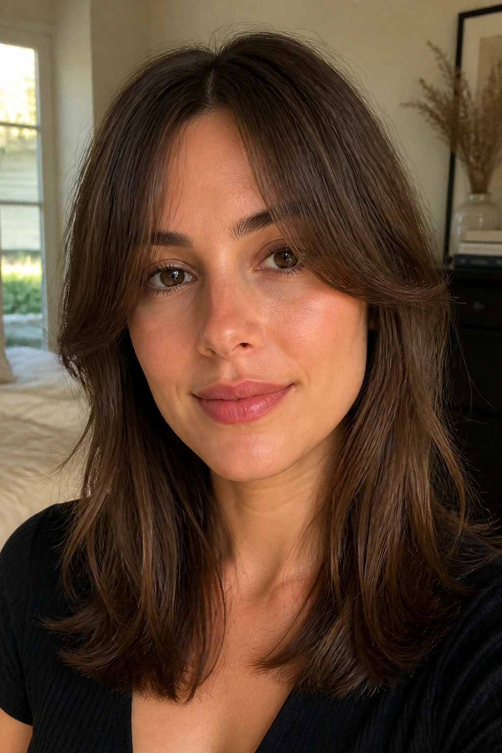 Close-up of a real woman with cheekbone-grazing curtain bangs in medium brown, warm bedroom light