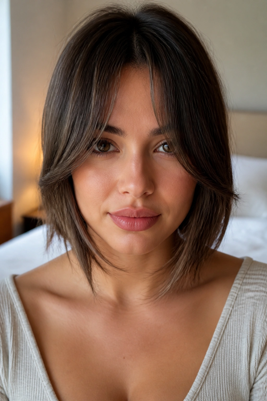 Close-up portrait of a real woman with cheekbone-grazing curtain bangs in natural window light