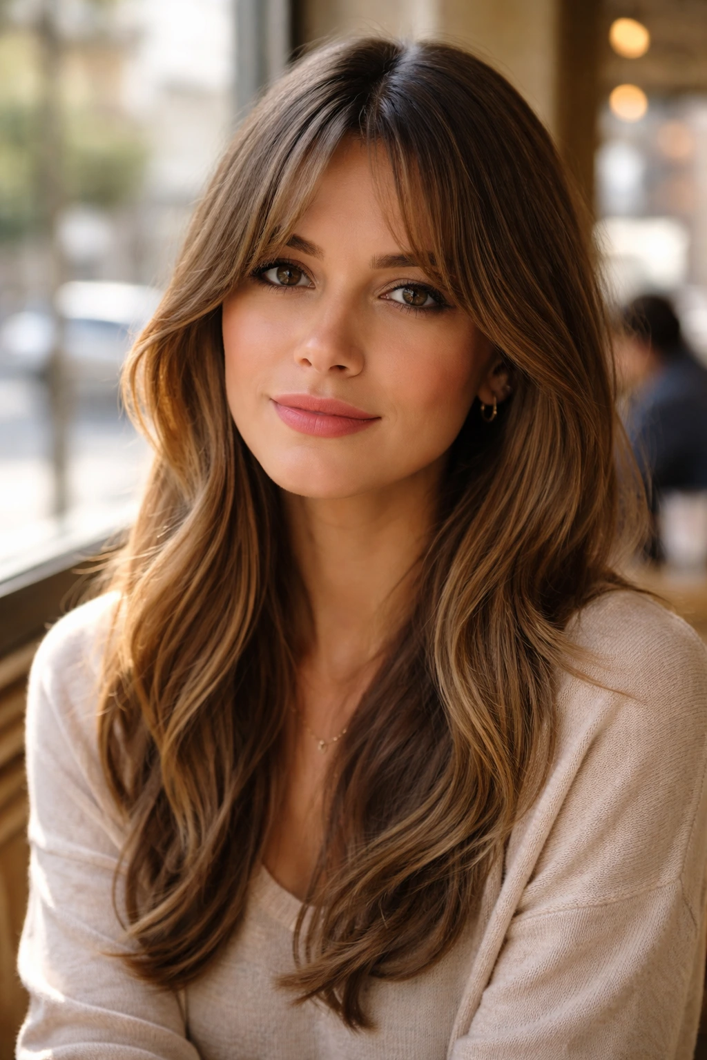 Portrait of a real woman with curtain bangs, sunlit cafe setting