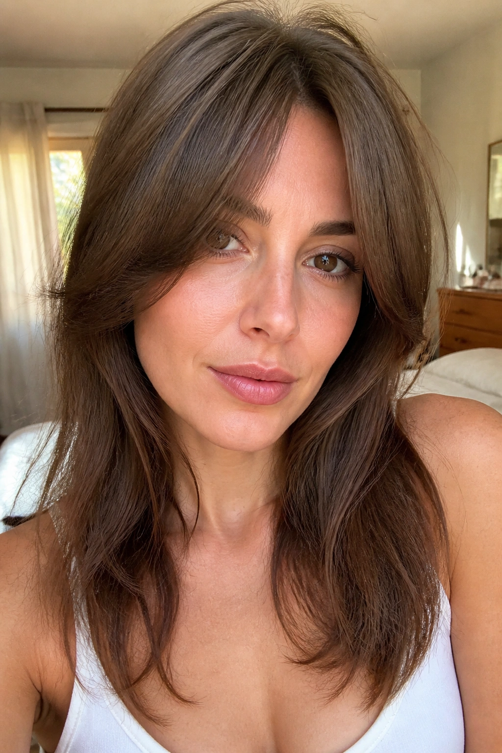 Close-up of a real woman with long curtain bangs starting at the pupils, medium brown hair, warm window light