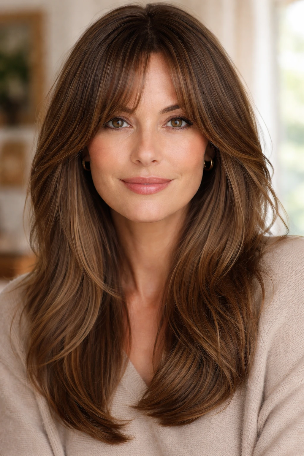 Close-up portrait of a real woman with curtain bangs framing her eyes in warm window light