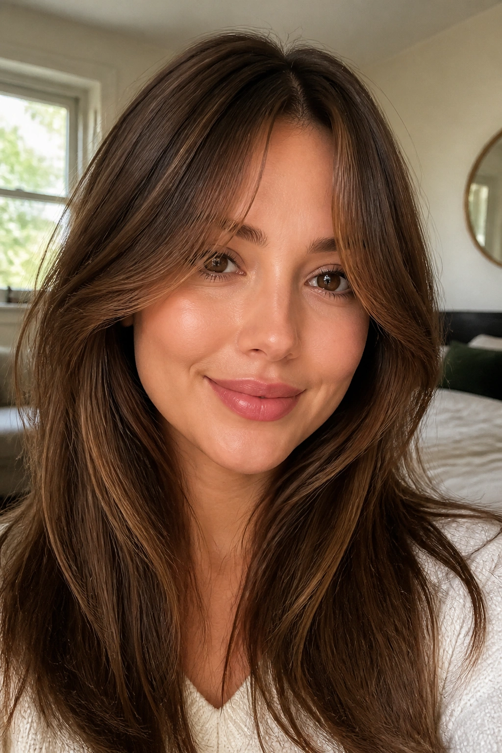 Close-up of real woman with long curtain bangs framing a round face in warm window light