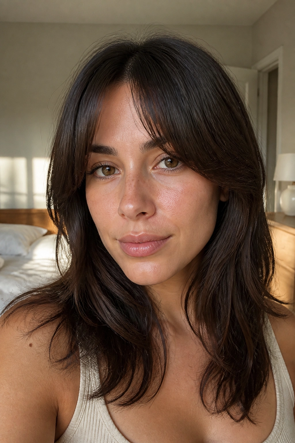 Close-up portrait of a real person with cheekbone-skimming curtain bangs