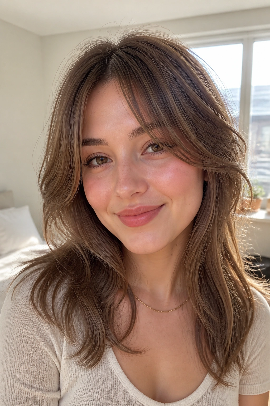 Close-up portrait of a real woman with curtain wispy bangs in a window-lit bedroom