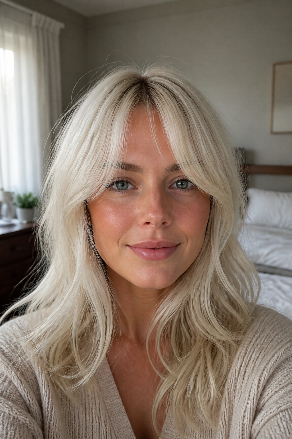 Close-up portrait of a woman with soft white curtain bangs framing a round face.