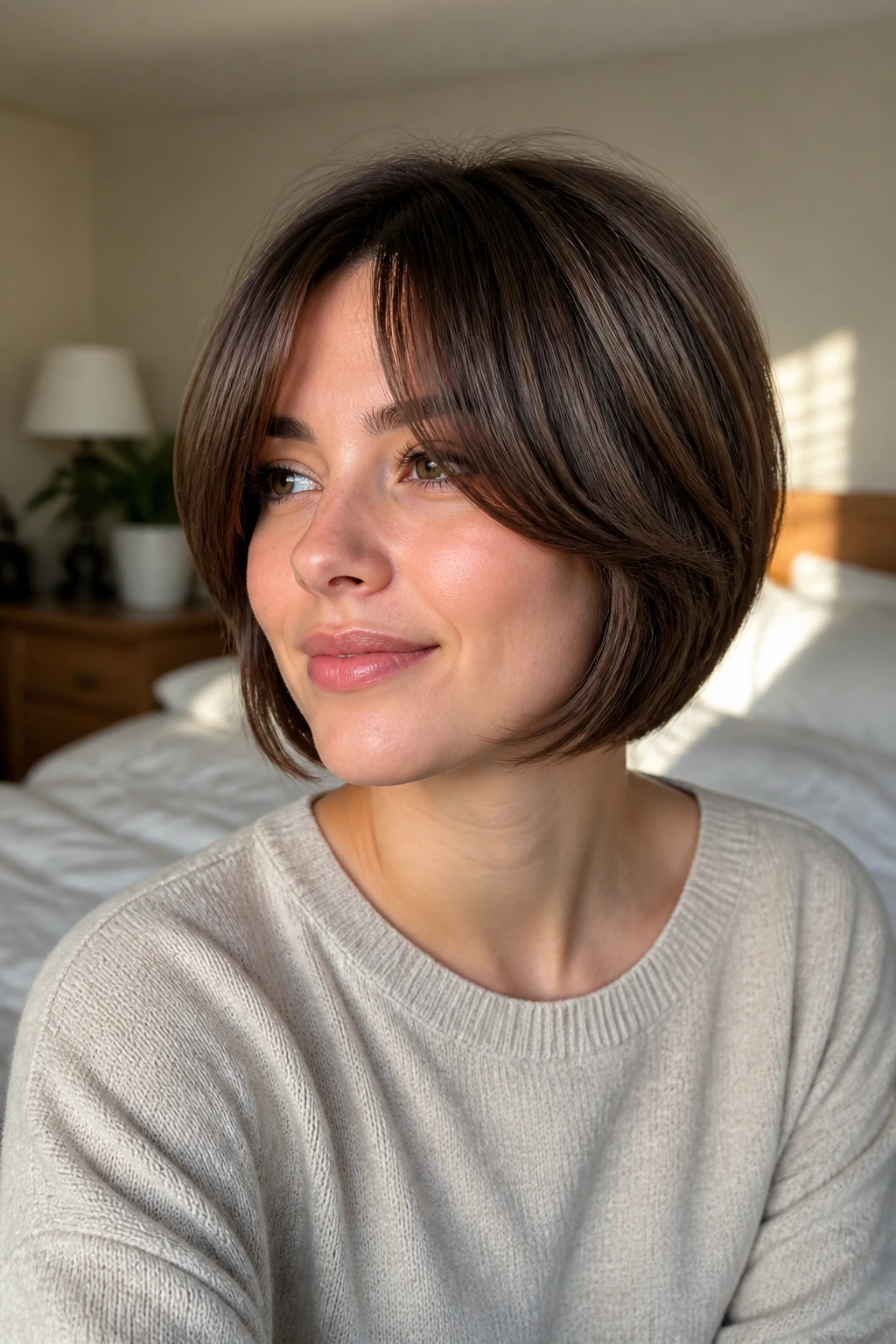 Close-up portrait of a real woman with curtain bangs and rounded stack