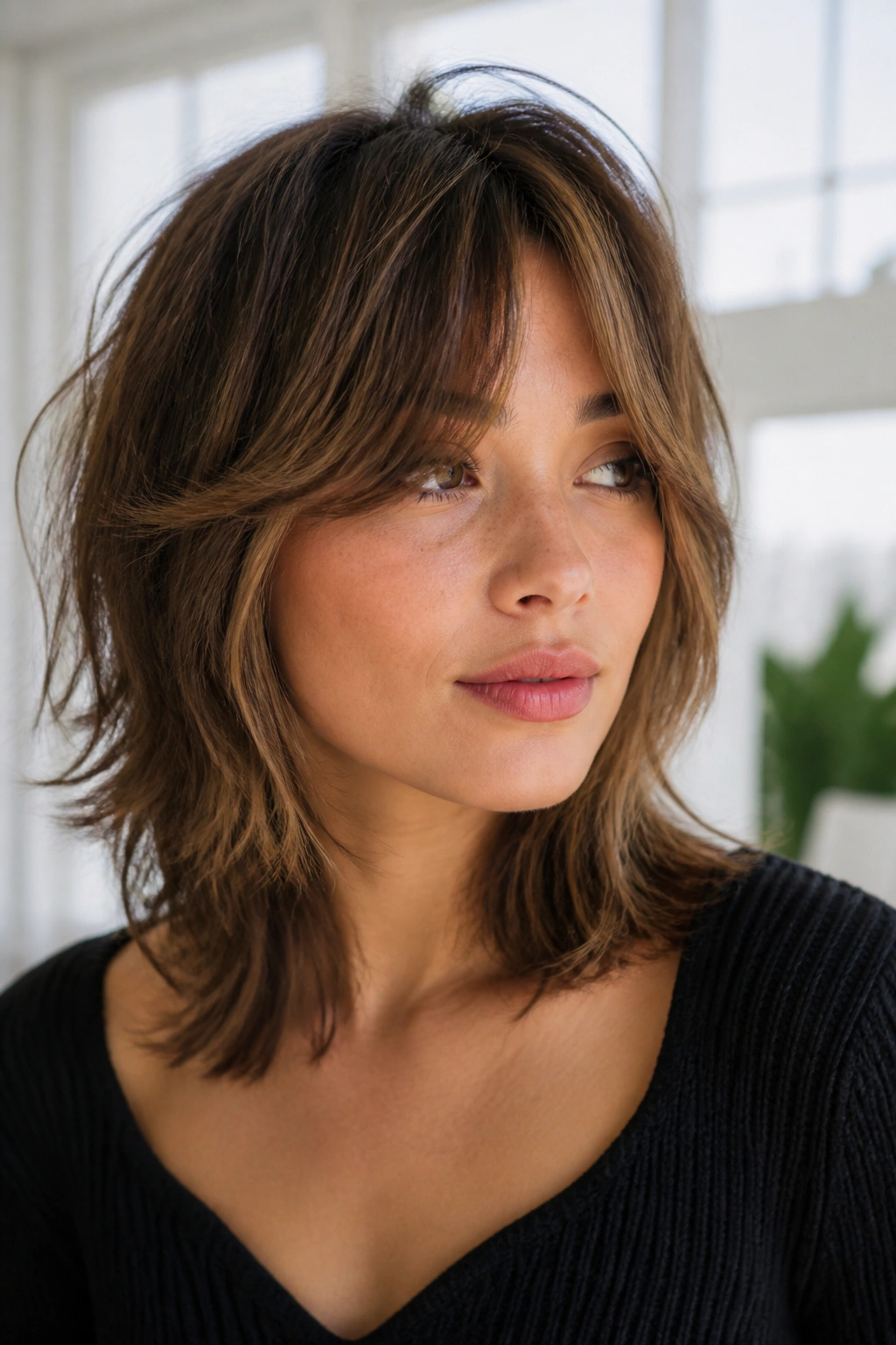 Close-up portrait of a real woman with Curtain-Bang Shag hairstyle in bright room