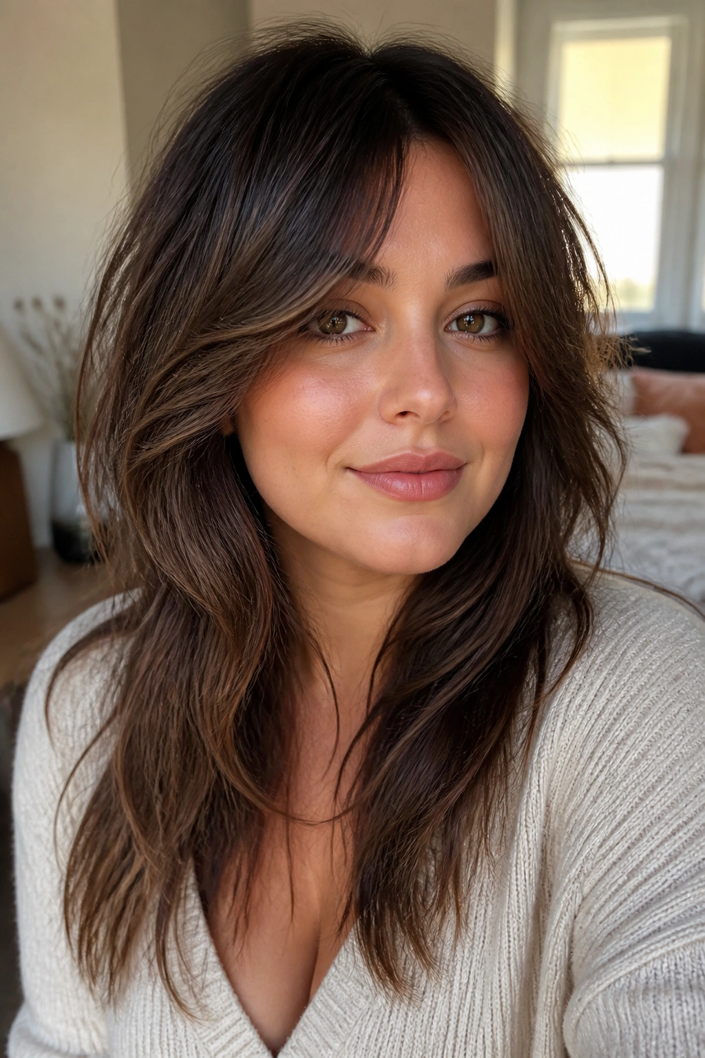 Close-up portrait of a real woman with curtain bangs and long shag for a round face.