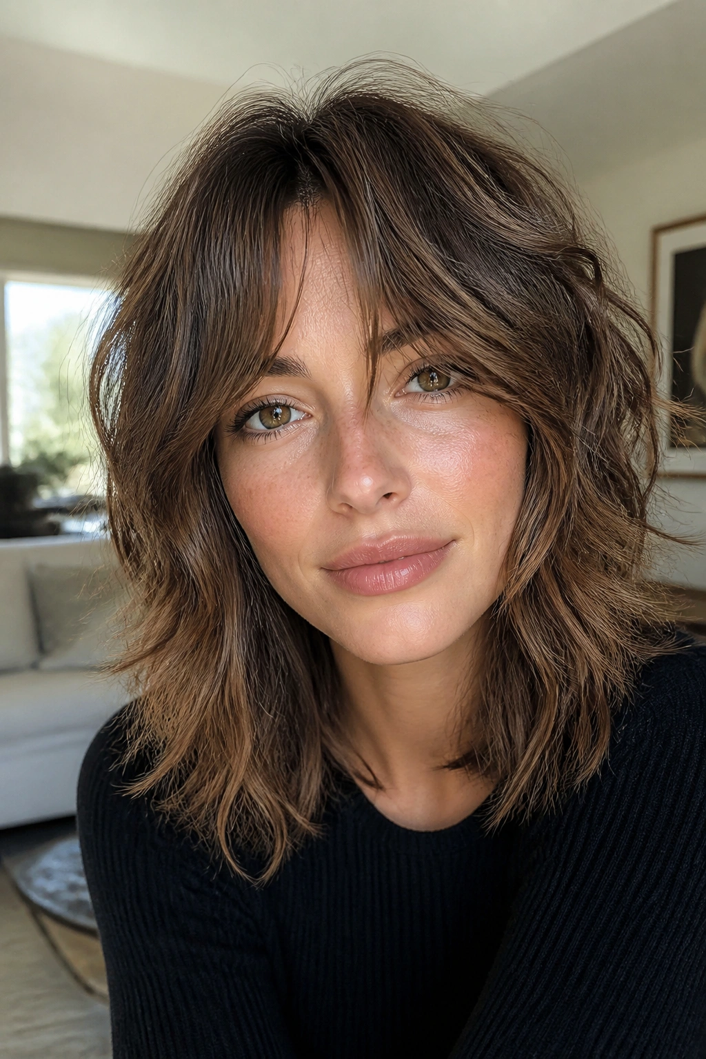 Portrait of a real woman with curtain bangs and shaggy layers