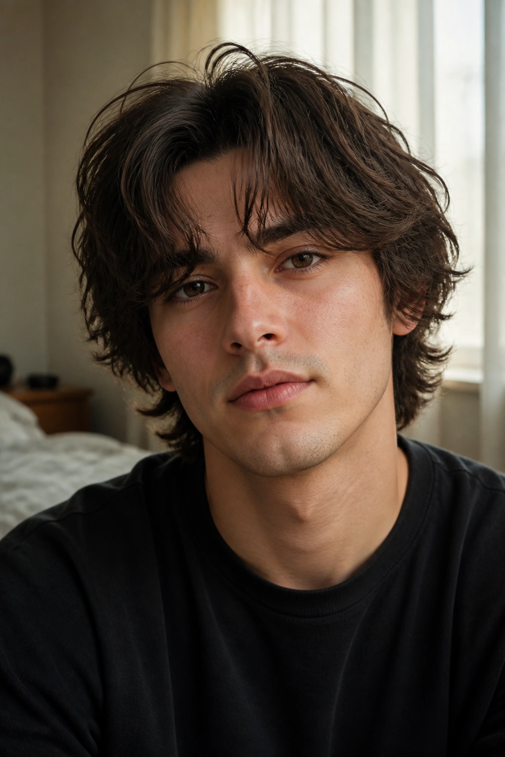Portrait of a man with curtain bangs in soft window light