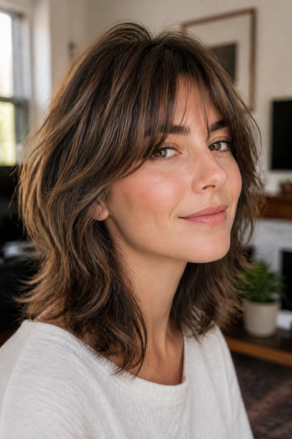 Close-up portrait of a real woman with curtain bangs and soft top layers in cozy indoor light