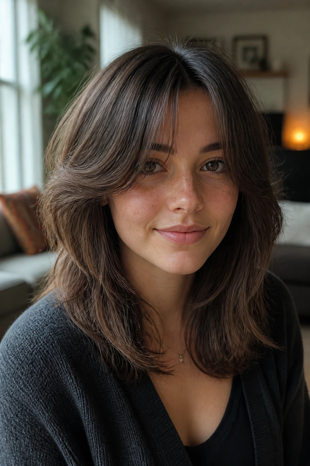 Portrait of a woman with curtain bangs and shag layers