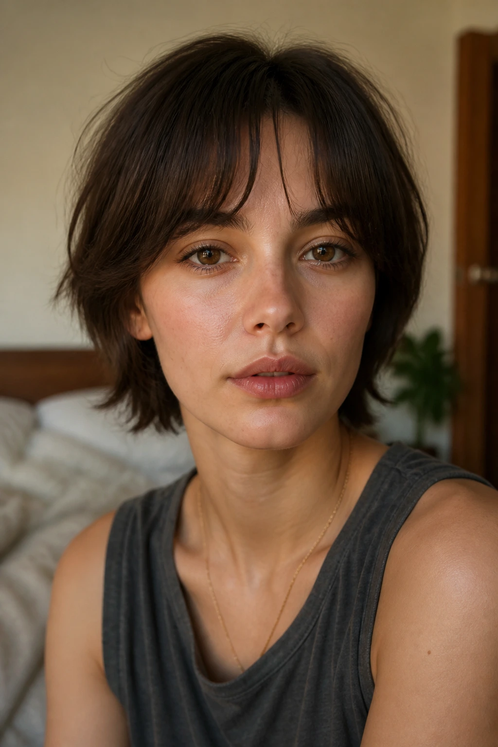 Close-up portrait of a real woman with short curtain bangs around the brow and center split.