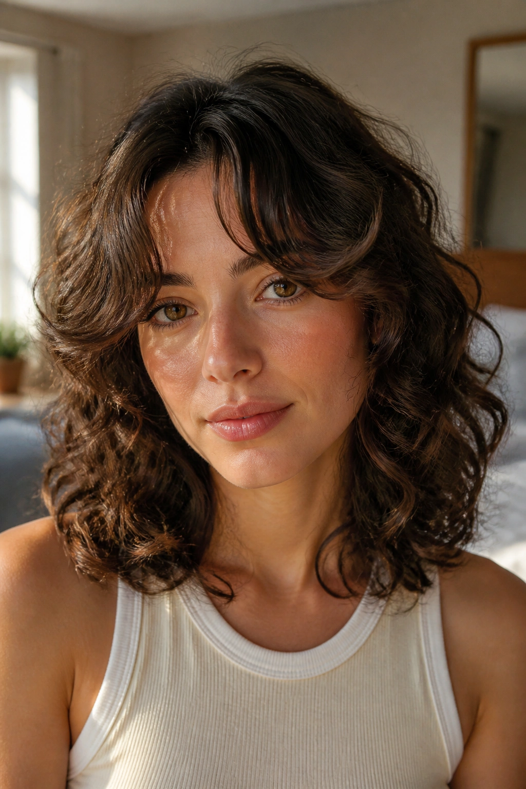 Real person with curtain bangs and shoulder curls in sunlit bedroom.