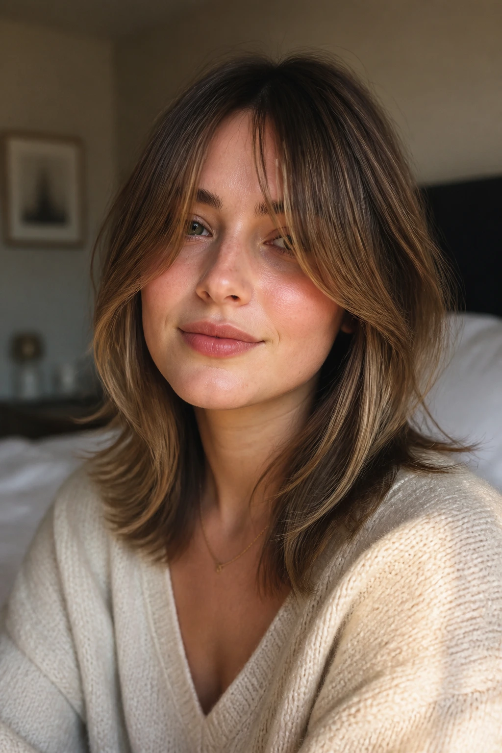 Close-up of curtain bangs with shoulder-length layers on a real woman