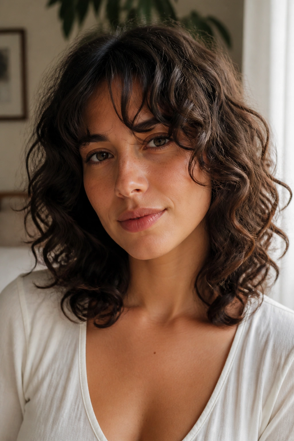 Close-up of a woman with curtain bangs and shoulder-length curly hair framing the eyes.