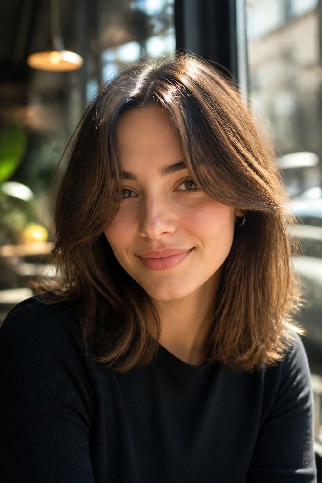Close-up of a real woman with shoulder-length hair and curtain bangs.