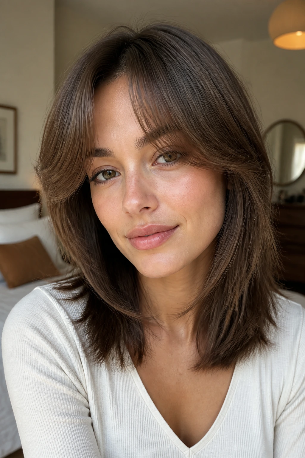 Close-up portrait of a woman with curtain bangs and shoulder-length layers, soft front framing.