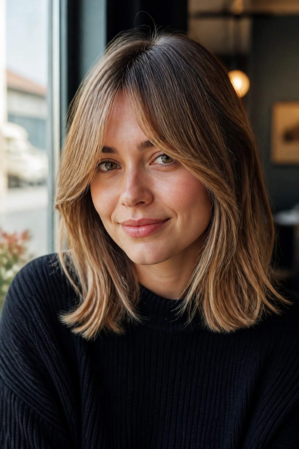Close-up portrait of a real woman with curtain bangs and shoulder-length hair