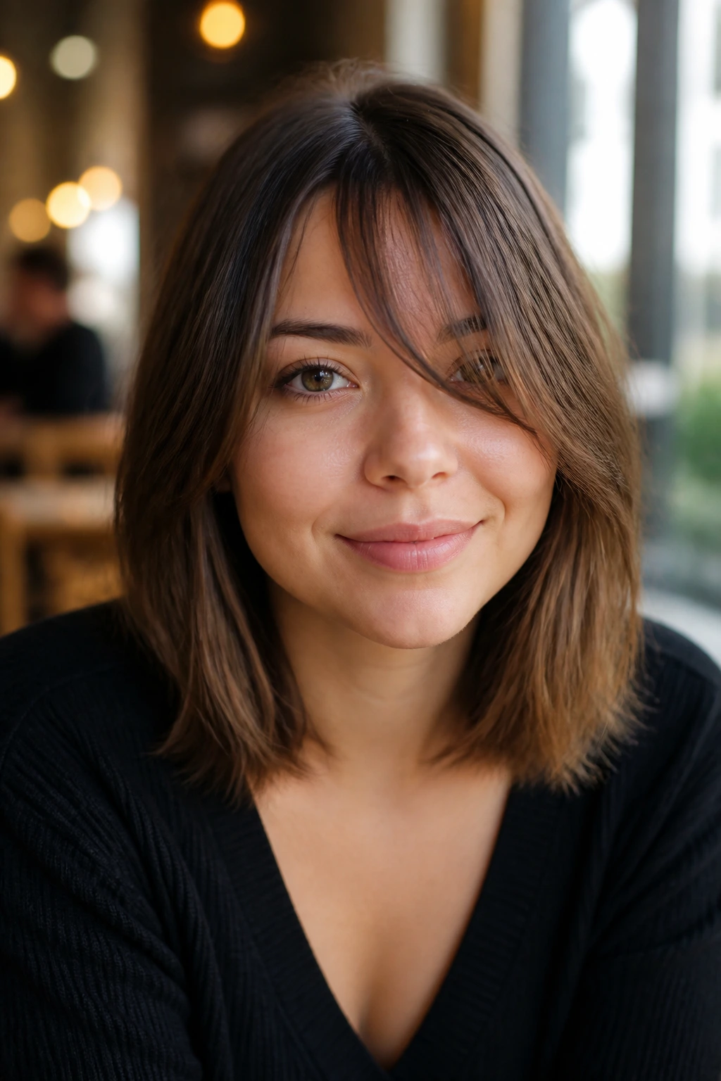 Close-up of shoulder-length hair with side-swept curtain bangs on a real woman.