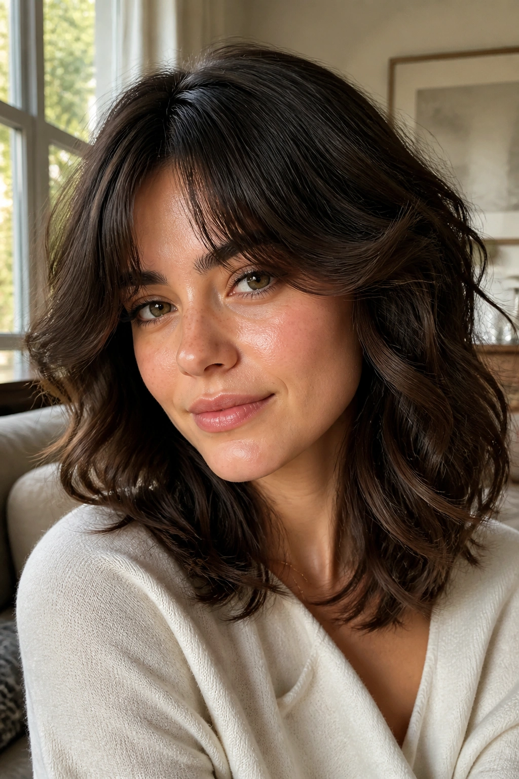 Close-up of a real woman with curtain bangs and shoulder-length layers in thick wavy hair