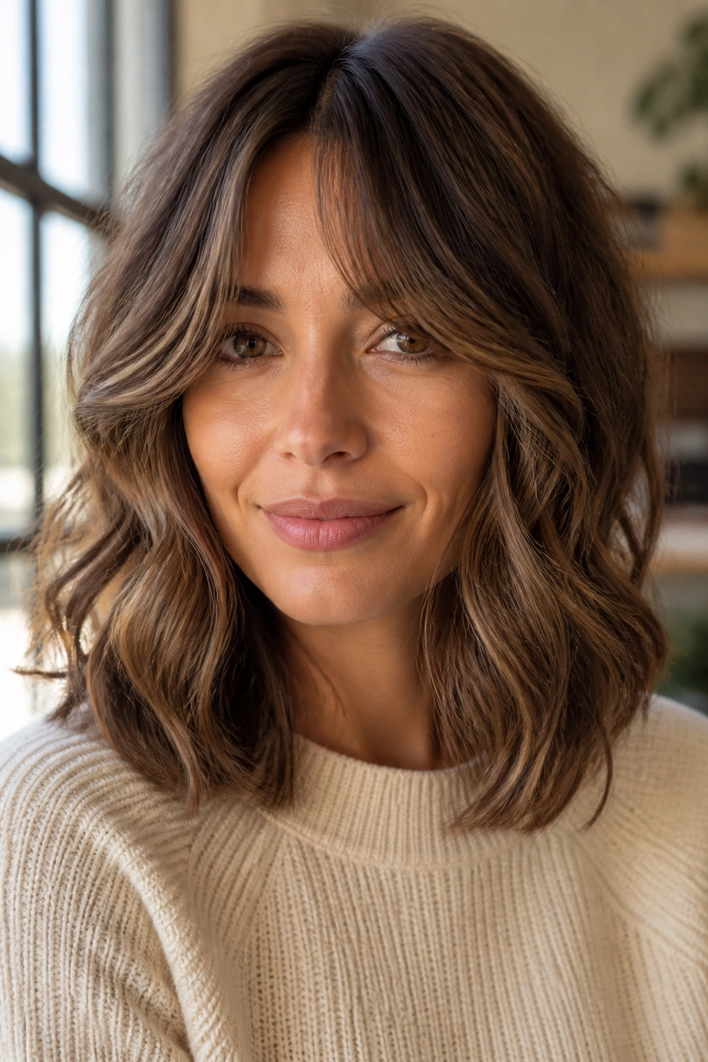 Close-up of a woman with curtain bangs and shoulder-length waves