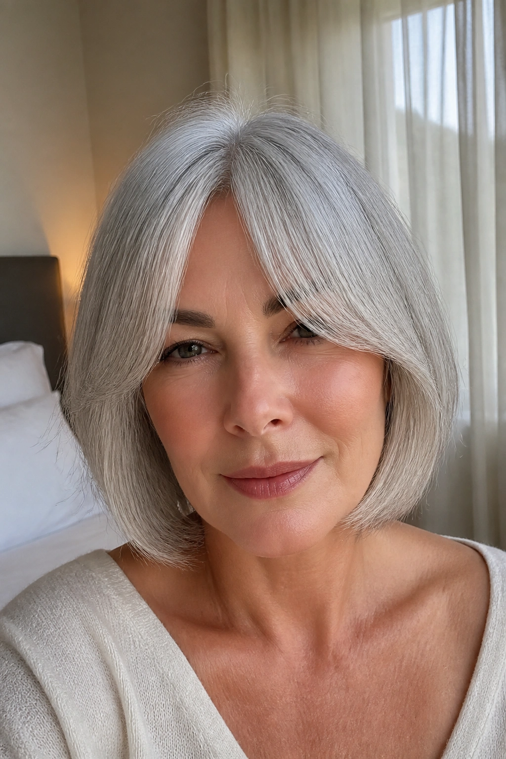 Close-up portrait of a real woman with silver bob and curtain bangs