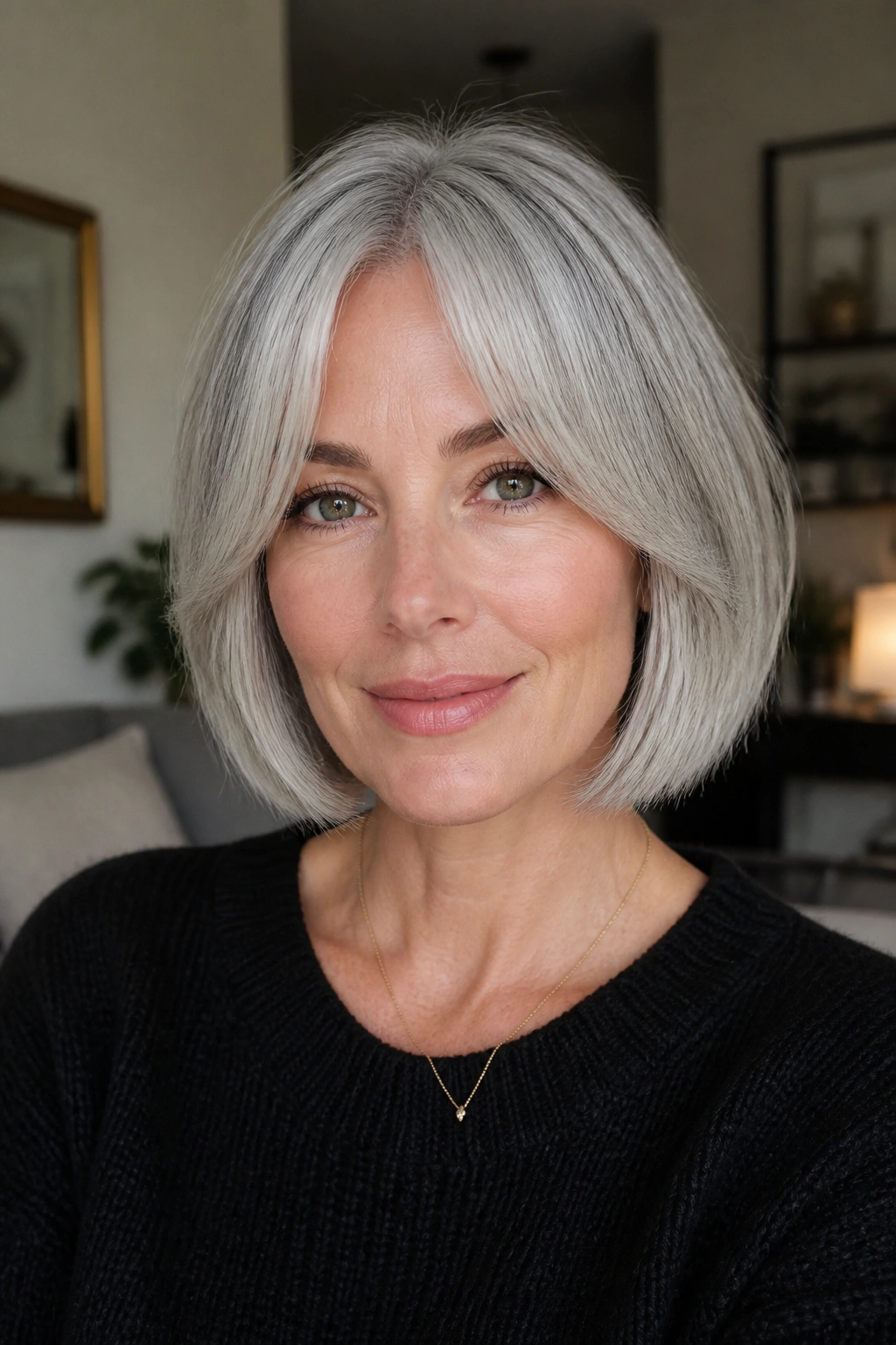 Portrait of a real woman with curtain bangs silver bob, framing forehead.