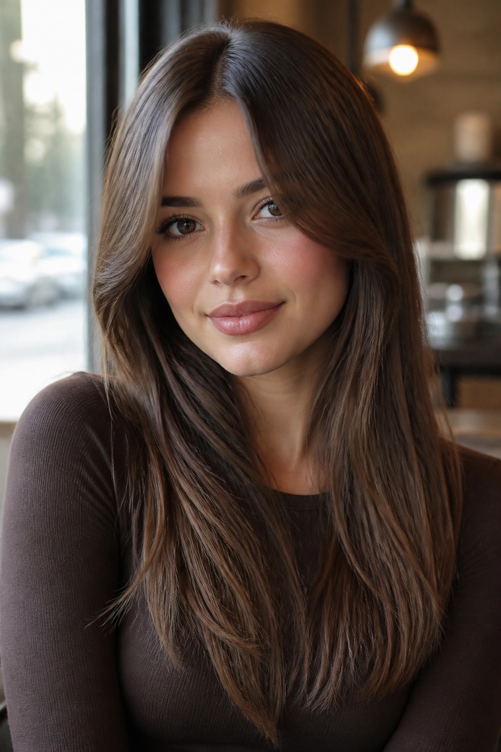 Portrait of a woman with curtain bangs and long sleek brown hair.