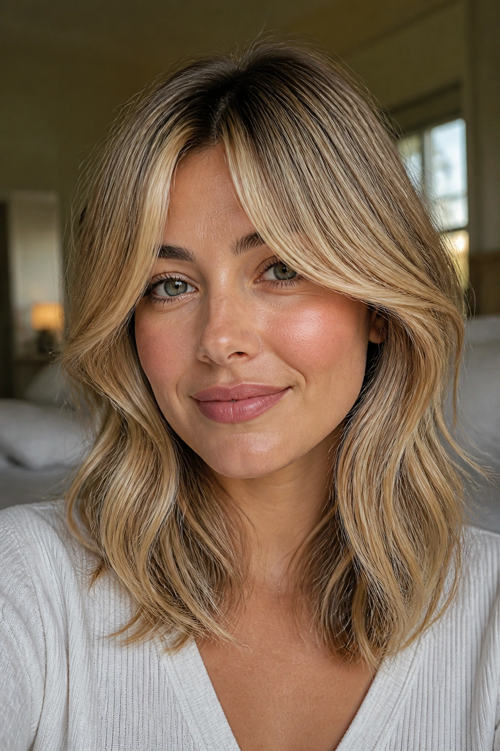 Close-up portrait of a woman with curtain bangs and soft layers in honey blonde