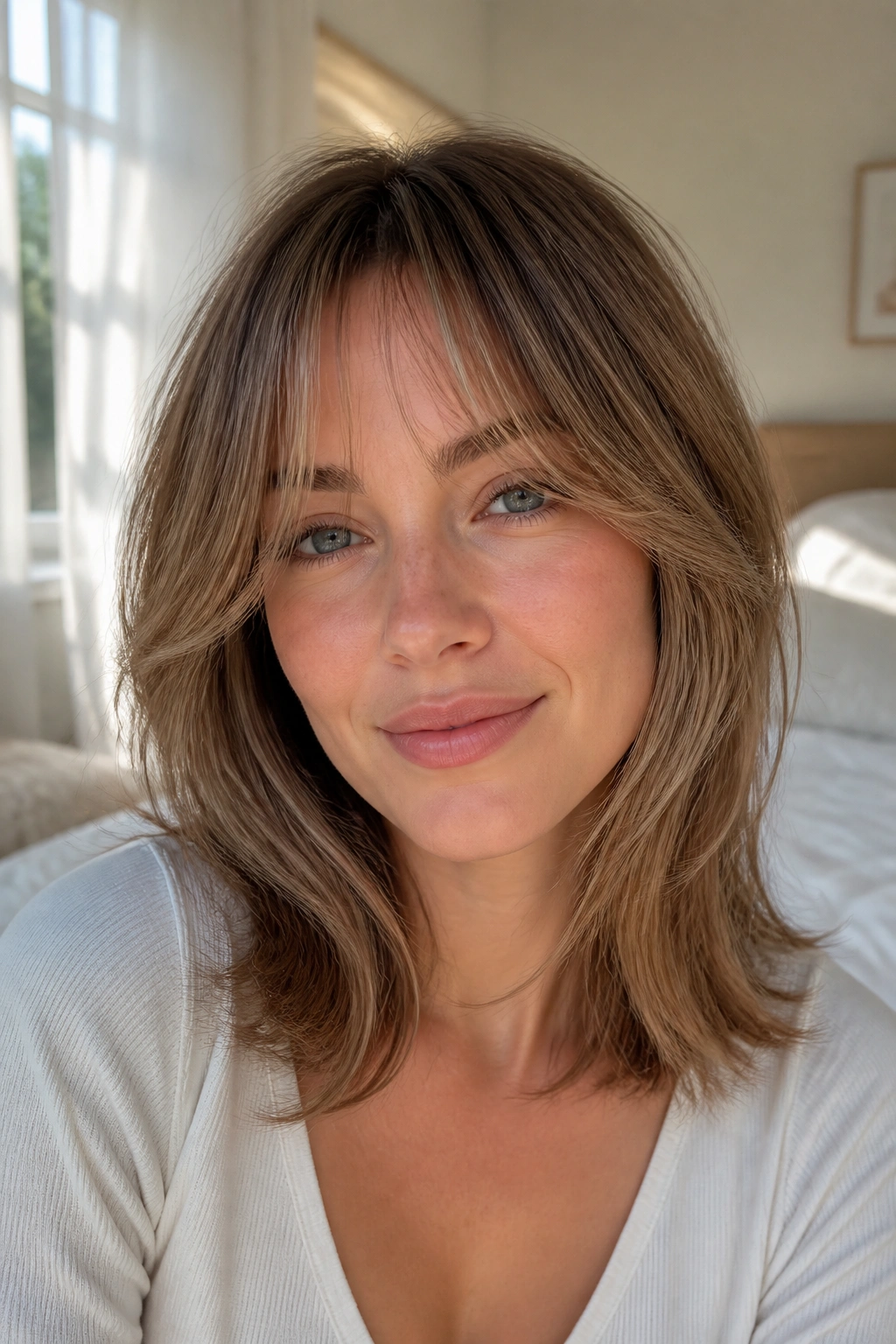 Close-up of a woman with curtain bangs and soft layers in natural window light.