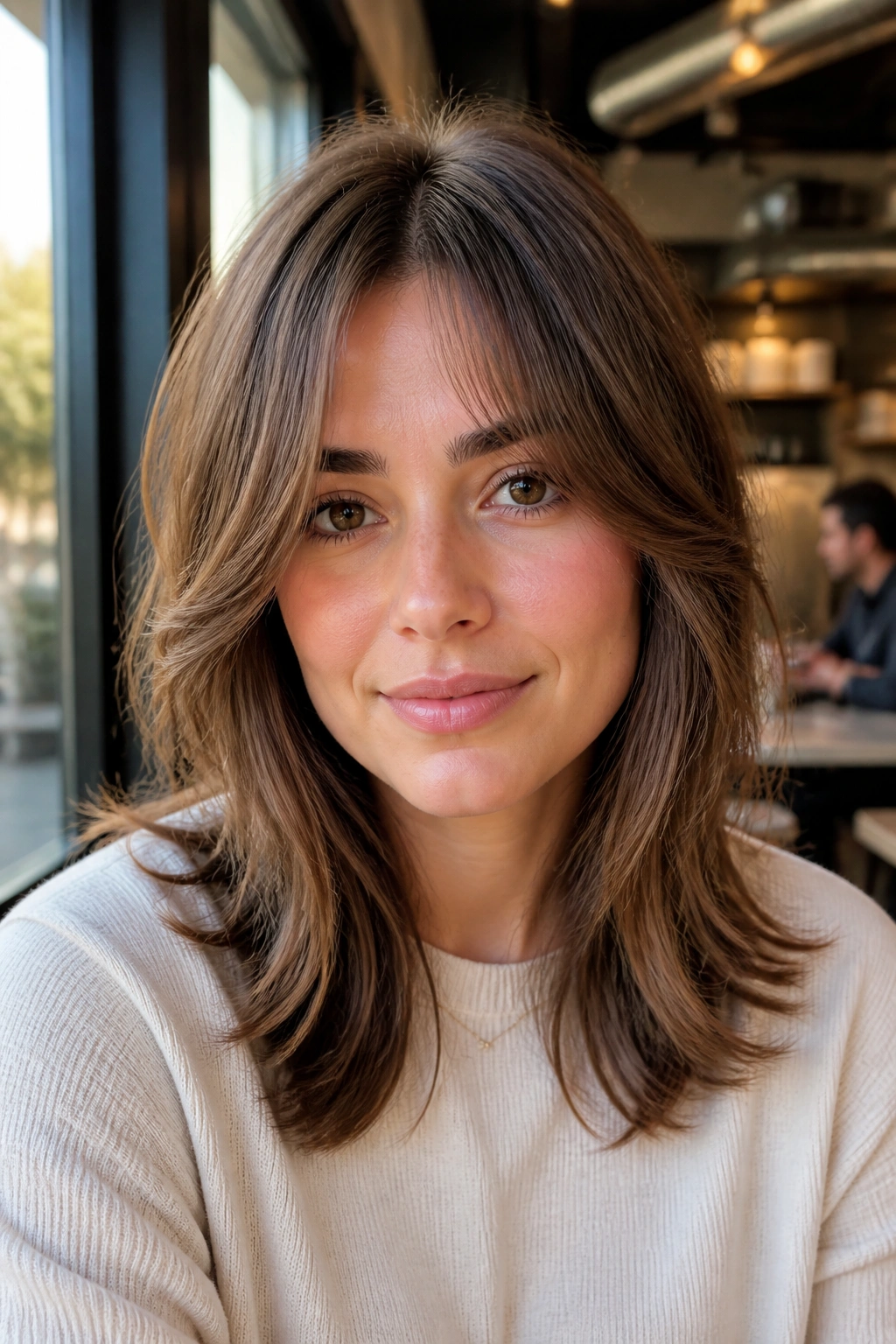 Close-up of a real woman with curtain bangs and soft layers, window light.