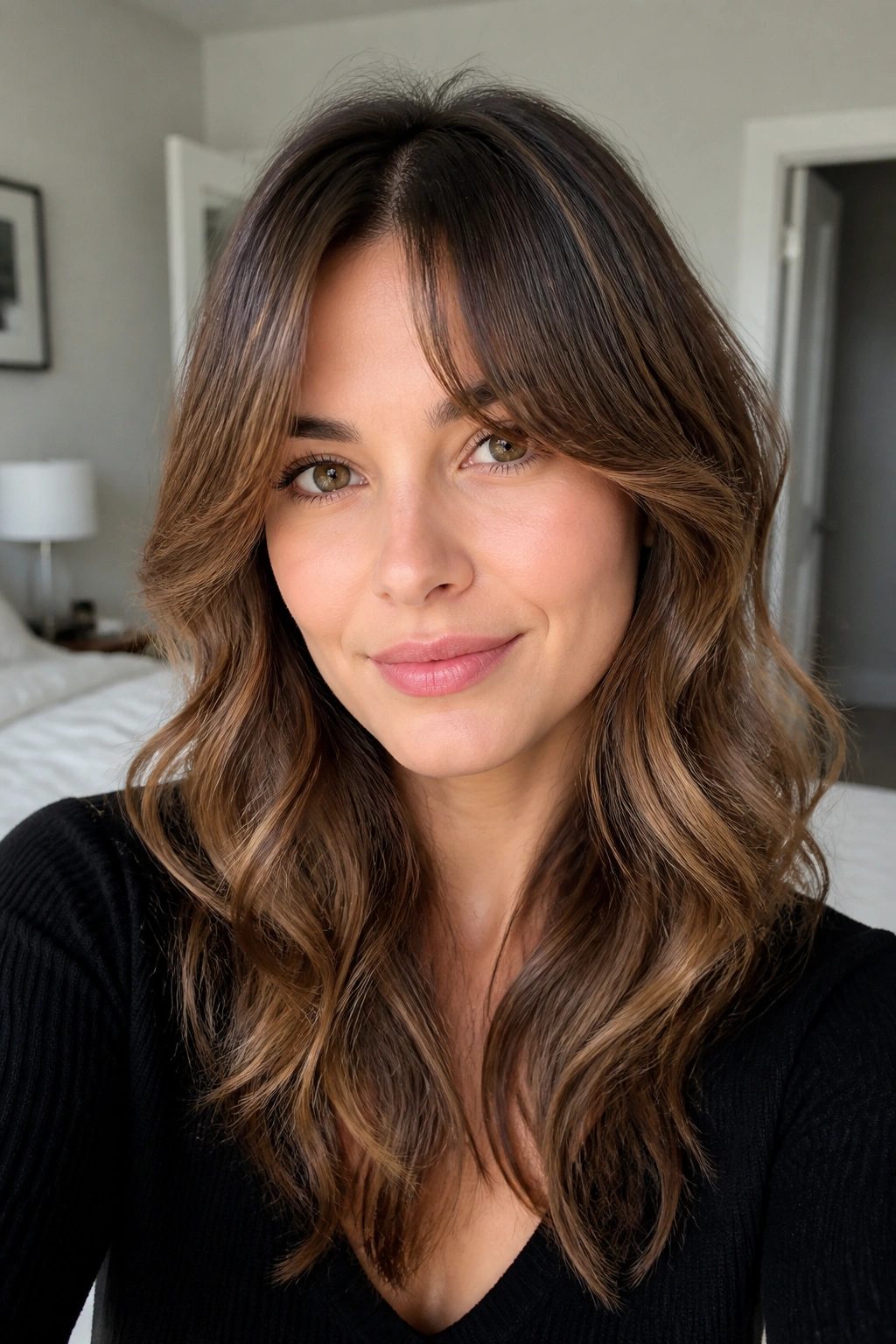 Real woman with curtain bangs and soft waves framing the cheeks.