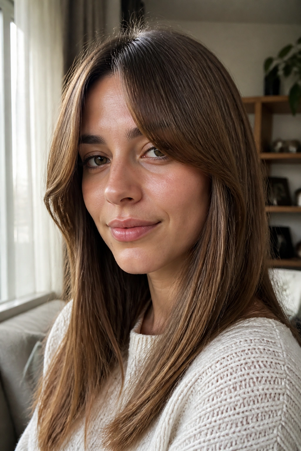Portrait of a woman with curtain bangs parted in the middle