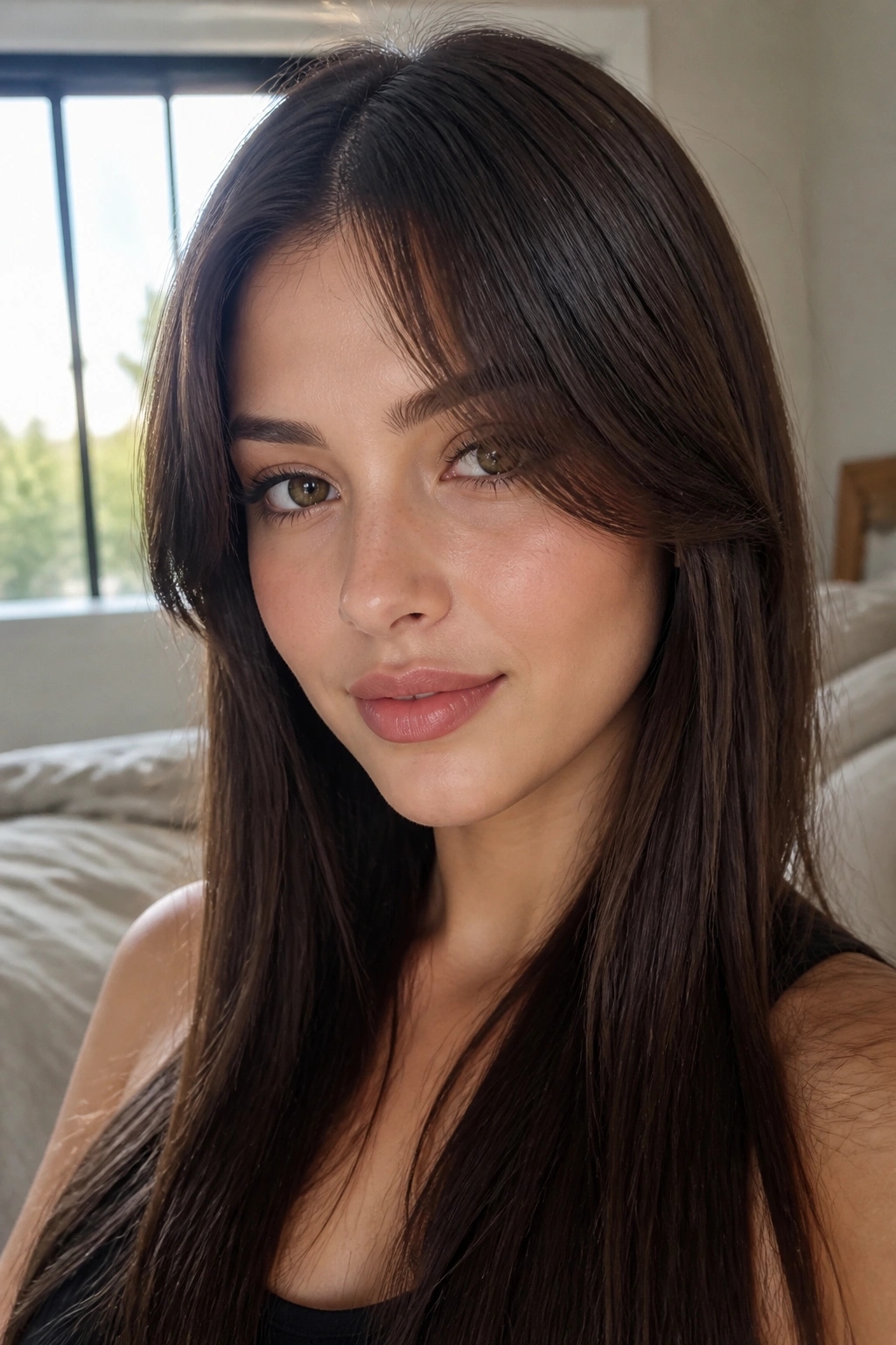 Close-up of a real woman with straight sleek hair and curtain bangs framing the face