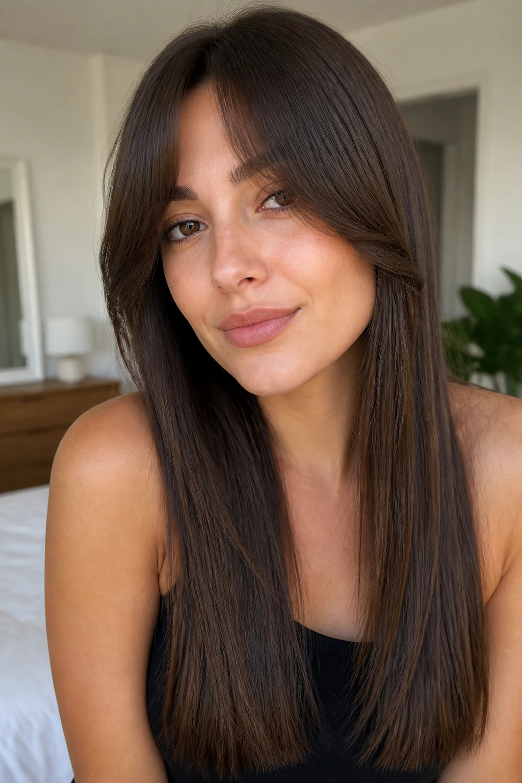 Close-up portrait of a real person with curtain bangs and straight lengths in a bright room