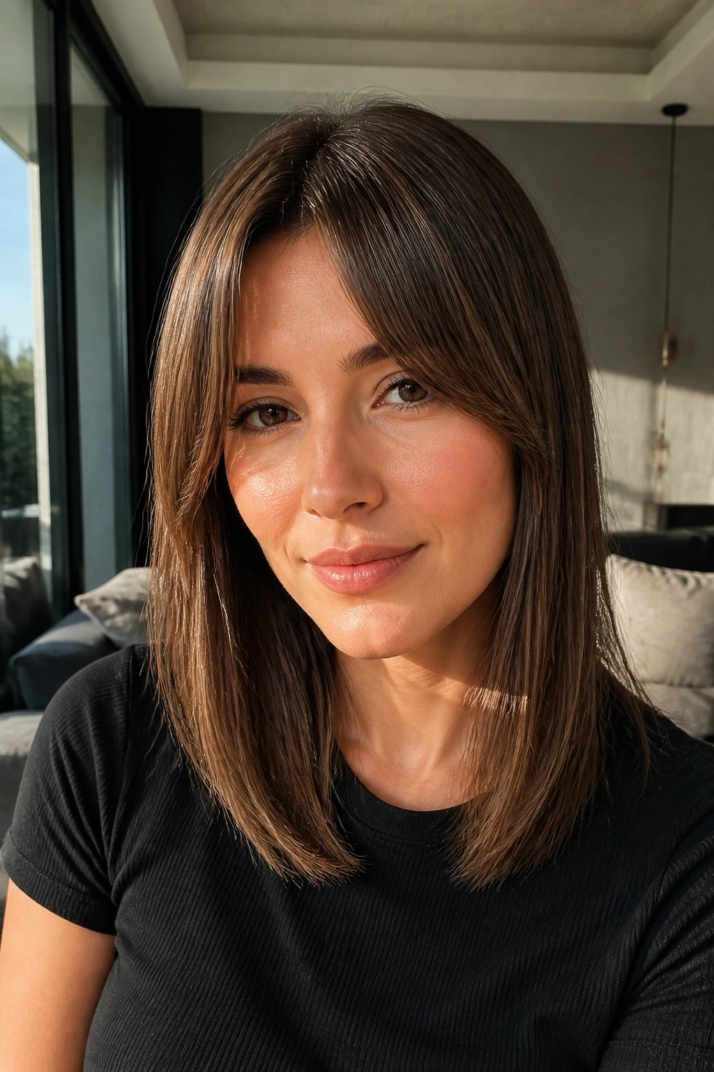 Close-up of a real woman with sleek straight curtain bangs and mid-length collarbone cut, glossy medium brown hair