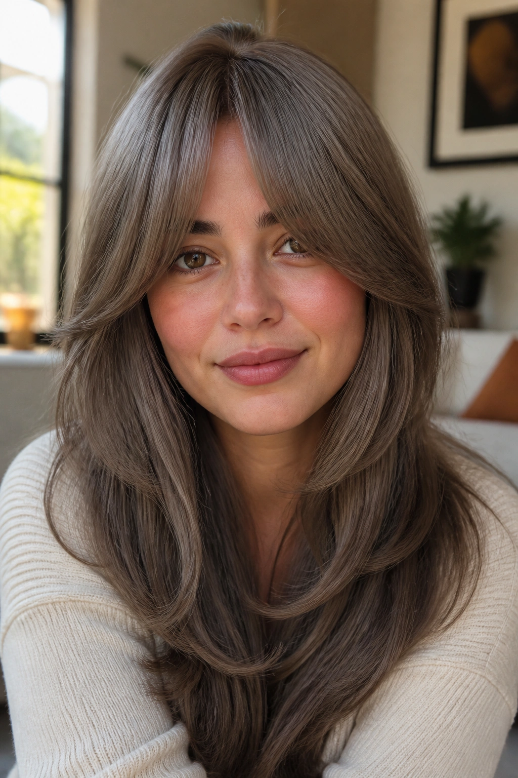 Close-up of a real woman with cool taupe curtain bangs for thick hair in a cozy living room